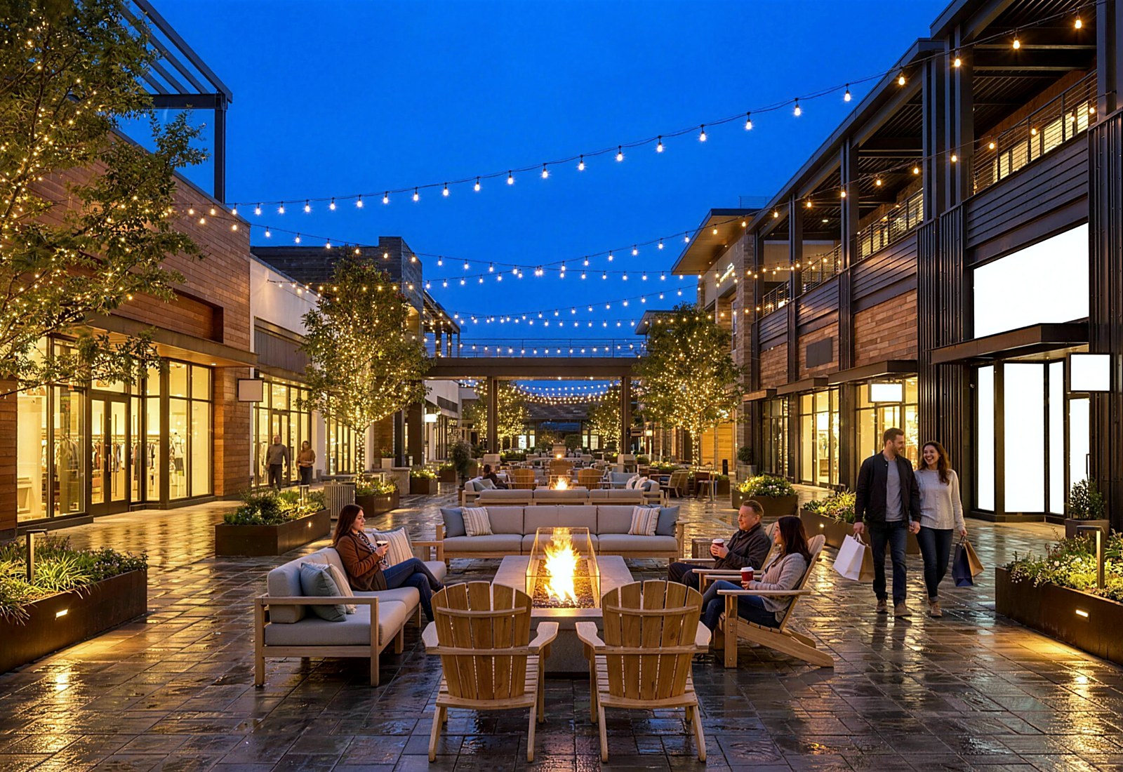 An evening gathering around the fire lounge of a lifestyle center