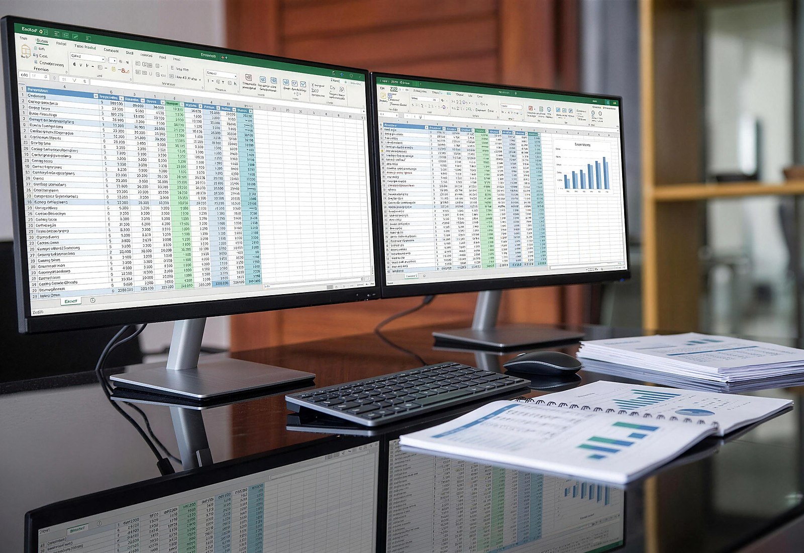 Dual-monitor workstation with financial spreadsheets and printed reports