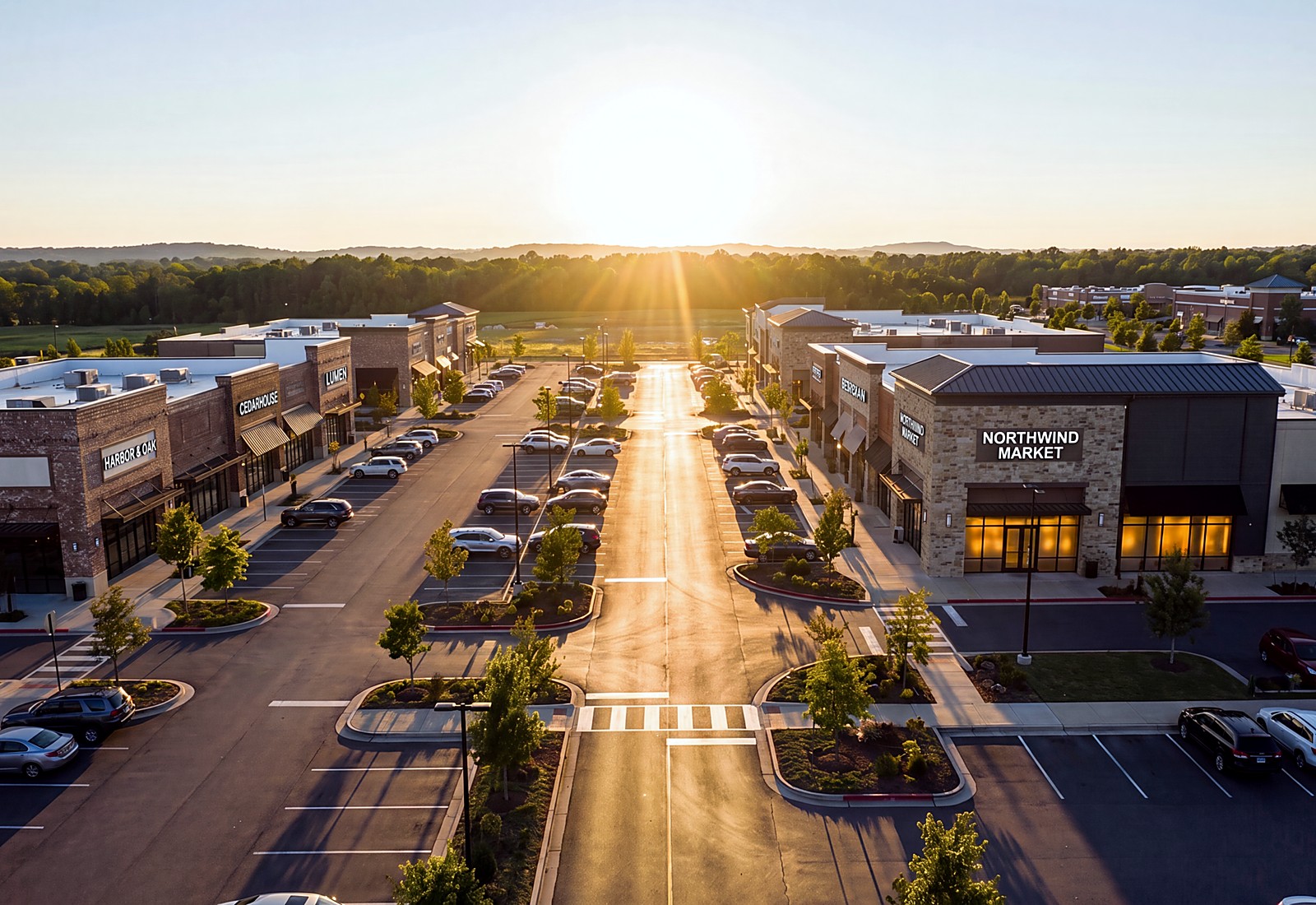 Golden-hour aerial of an open-air retail center