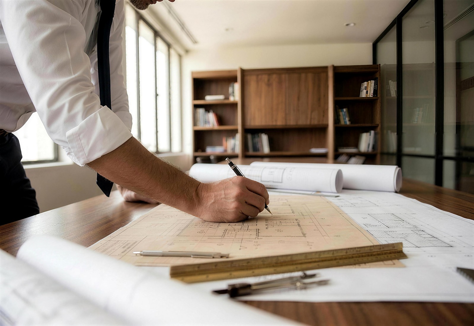 Hand-drafting an architectural floor plan in a professional office