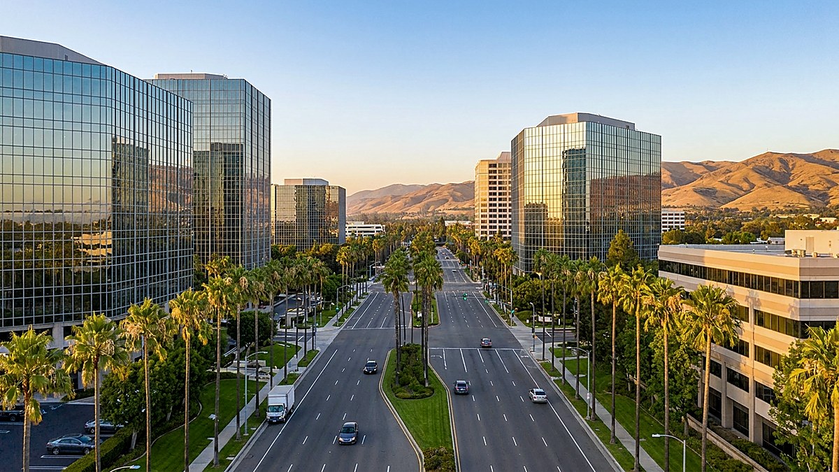 A palm-lined boulevard through the Irvine business district at golden hour